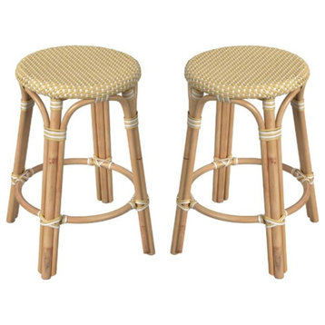 Home Square Rattan Round Backless Counter Stool in Yellow & White - Set of 2