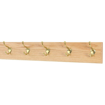 Solid Oak Wide Wall Coat Rack, Brass Hooks, Natural, 25.5"x4.5", 5-Hooks
