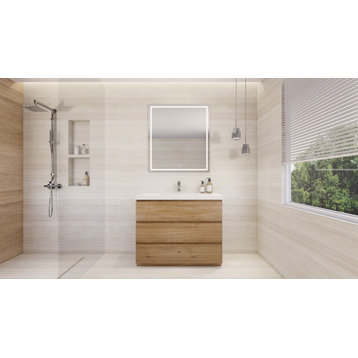 Moa Bathroom Vanity With 3 Drawers and Acrylic Sink, Natural Oak, 42"