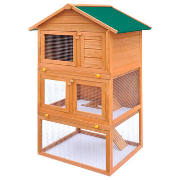 vidaXL Rabbit Hutch 3-Tier Bunny Cage with Pull Out Tray and Ramp Solid Wood