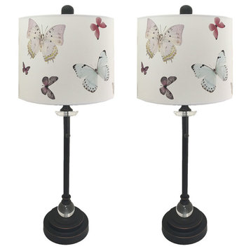 28" Crystal Lamp With Colorful Butterfly Shade, Oil Rubbed Bronze, Set of 2