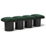 Meridian Furniture - Pavilion Black Boucle Fabric Bench, Green, Black Finish, 62" W X 18" D X 17.5" H - Bring valuable seating and remarkable style to your space with this green Pavilion Boucle Fabric Bench, an exquisite balance of style and usability for the entryway, bedroom, and beyond. Crafted from oak veneer with a black finish, this bench has a 4-inch-thick seat cushion that's channel-tufted for a touch of luxury. The bench's columnar bases add a dash of Art Deco design, making it a captivating focal point in any room.