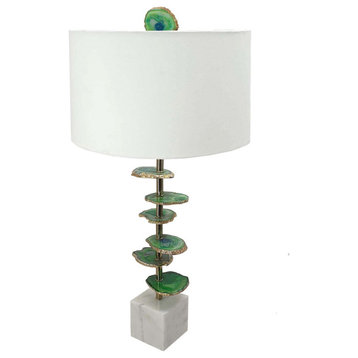 Benzara BM286095 Table Lamp With Agate Slices and Linen Drum Shade, White