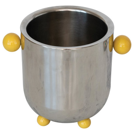 Stainless Steel Ice Bucket, Citron Color Enameled Ball Handles, Feet, Silver