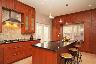 Trendy enclosed kitchen photo in Ottawa with stone tile backsplash, an undermount sink, shaker cabinets, dark wood cabinets, beige backsplash and stainless steel appliances