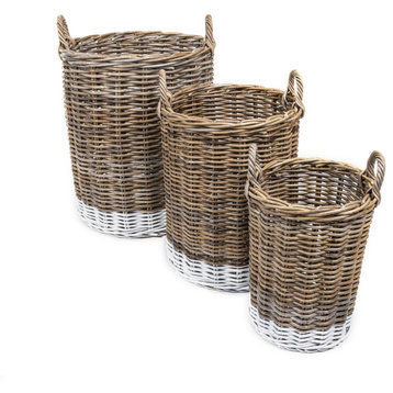 Ternion Cottage Rattan Nesting Baskets, Handles, Kubu Gray/White (Set of 3)