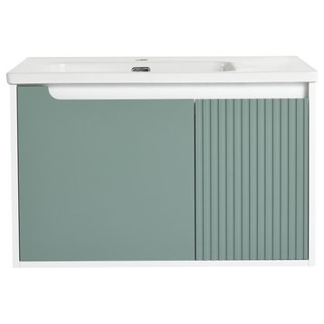 32inch Single Sink Wall Mounted Bath Vanity, Mint Green, White Ceramic Top