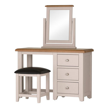 Grey Painted Oak Dressing Table Mirror and Padded Stool Set