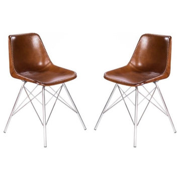 Home Square Modern Leather Side Chair in Light Brown - Set of 2