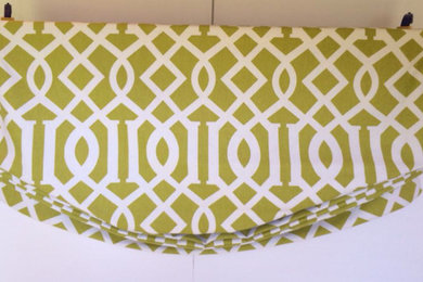 Green print - Relaxed Roman shades with apron & wrapped sides