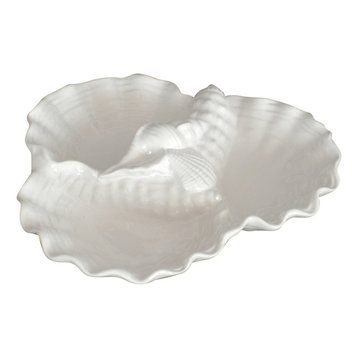 Triple Seashell Ceramic Serving Dish, White