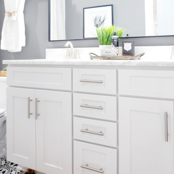 Craftsman White Primary Bathroom | Shaker Style Cabinets | Arrington Cabinetry