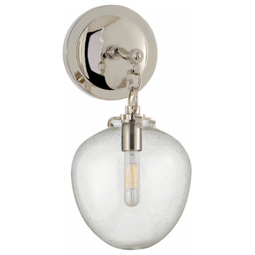 Katie Bathroom Wall Sconce, 1-Light Acorn, Polished Nickel, Seeded Glass, 13.5"H