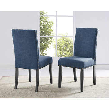 Blue Fabric Dining Chairs with Nail head Trim, Set of 2