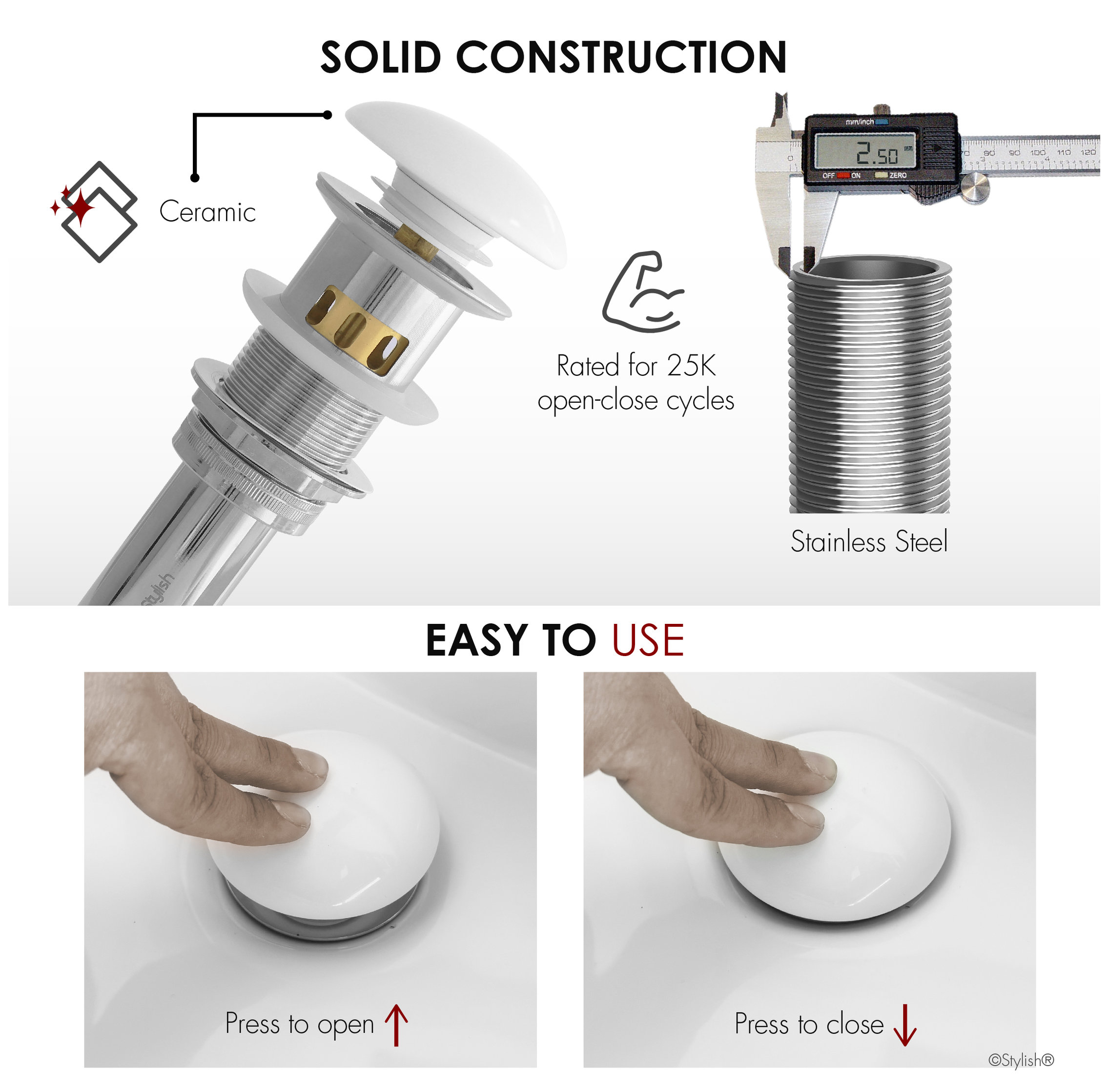 STYLISH Undermount Sink Pop-Up Drain with white ceramic cap with overflow
