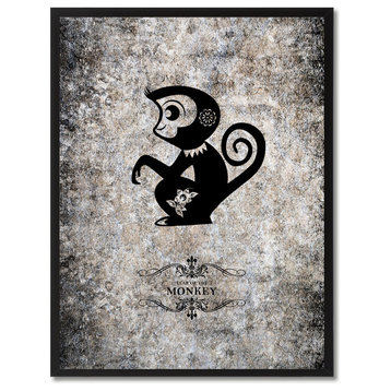 Monkey Chinese Zodiac Black Print on Canvas with Picture Frame, 13"x17"