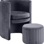 Meridian Furniture - Selena 2-Piece Velvet Accent Chair and Ottoman Set, Gray - Create a chic atmosphere with this Selena Grey Velvet Accent Chair. This handsome chair has a fun barrel design that lends contemporary charm to a bedroom, living room or sitting room. The chair and matching included ottoman are covered top to bottom in plush velvet for a sumptuous look. Channel tufting adds a visually exciting finish to this elegant pair.