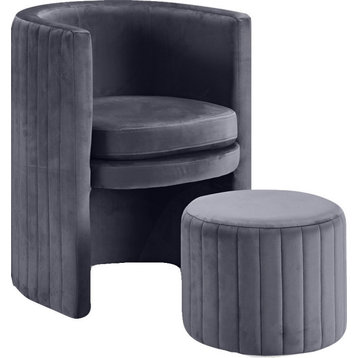 Selena 2-Piece Velvet Upholstered Accent Chair and Ottoman Set, Gray