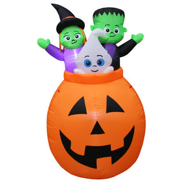 Halloween Inflatable Pumpkin Basket With Baby Ghost, Witch and Monster, 5Ft Tall