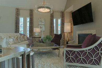 Design ideas for a mid-sized eclectic open concept family room in Dallas with beige walls and a wall-mounted tv.