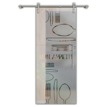 Pantry Room Sliding Glass Barn Door V2000 With Etchings, 40"x81", Semi-Private