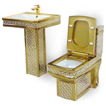 Decorative Gold Pedestal Sink, Toilet, and Faucet Set