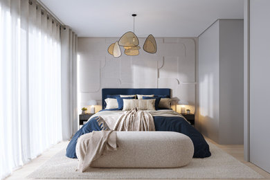 トゥールーズにある広いコンテンポラリースタイルのおしゃれな主寝室 (白い壁、淡色無垢フローリング、茶色い床、壁紙)