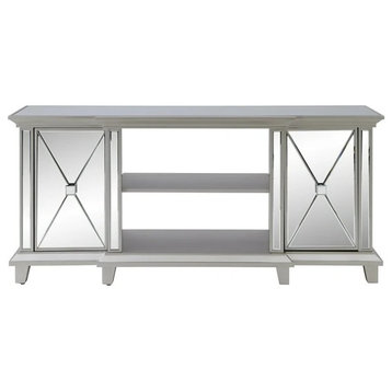 Elegant TV Stand, Mirrored Design With X-Accented Doors and Open Shelves, Silver