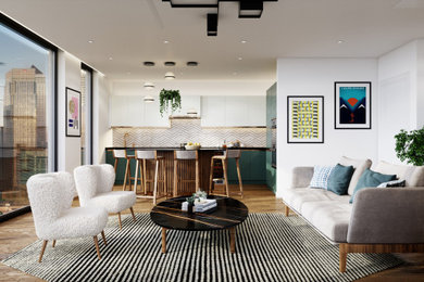 Photo of a medium sized modern open plan living room in London with white walls, medium hardwood flooring, a built-in media unit and a drop ceiling.