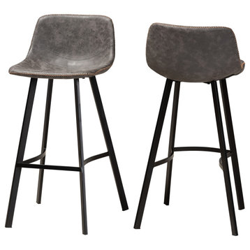 Albanie Gray and Brown Faux Leather Black 2-Piece Metal Bar Stool Set