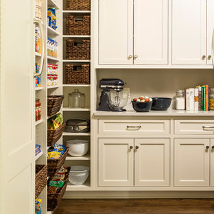 Huge transitional kitchen pantry ideas - Huge transitional u-shaped medium tone wood floor kitchen pantry photo in Little Rock with beaded inset cabinets, white cabinets and quartz countertops