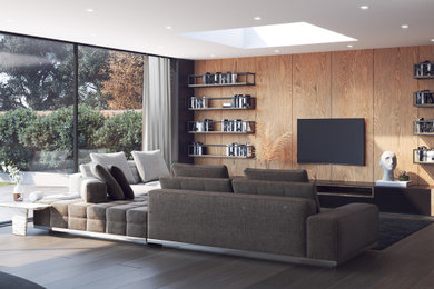 Inspiration for a large contemporary formal and cream and black open plan living room in West Midlands with brown walls, light hardwood flooring, no fireplace, a built-in media unit, beige floors and wood walls.