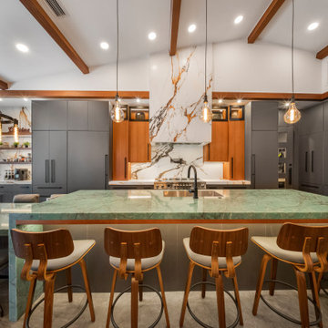 Waterfall Island Bar with Wood & Marble Layers