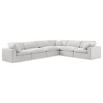 Meridian Furniture - Comfy Upholstered L-Shaped Modular Sectional, Cream, 6-Piece: 3 Armless Chair, 3 Corner Chair, Velvet - Give your space a whole new look with this cream Comfy velvet sectional. This handsome sectional fits nicely with other items in the Comfy collection and is a versatile seating option designed for adaptability, comfort and style. Wrapped in rich cream durable velvet upholstery, this sectional offers a plush embrace of overstuffed down feather cushions, carefully crafted to deliver the highest level of comfort. The perfect seat for creating an oasis for relaxation, this sectional has thick foam surrounding its frame for added support and coziness.