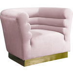 Meridian Furniture - Bellini Velvet Upholstered Chair, Pink - Add a bit of pizzazz to your living space with this Bellini Pink Velvet Chair from Meridian Furniture. Rich pink velvet upholstery offers you a luxurious place to curl up with a good book or rest in front of the TV after a long day, while horizontal Channel tufting creates texture and style. Its gold stainless steel base provides solid support, while adding to the chair's contemporary appearance. Its uniquely curved shape makes this piece a perfect addition to any room in your modern home.