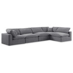 Meridian Furniture - Comfy Upholstered L-Shaped Modular Sectional, Grey, 5-Piece: 3 Armless Chair, 2 Corner Chair, Velvet - Give your space a whole new look with this grey Comfy velvet sectional. This handsome sectional fits nicely with other items in the Comfy collection and is a versatile seating option designed for adaptability, comfort and style. Wrapped in rich grey durable velvet upholstery, this sectional offers a plush embrace of overstuffed down feather cushions, carefully crafted to deliver the highest level of comfort. The perfect seat for creating an oasis for relaxation, this sectional has thick foam surrounding its frame for added support and coziness.