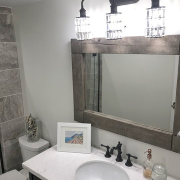 Rustic Wood Vanity Mirror with Marble-top Vanity and Crystal Vanity Light