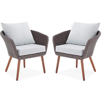 Set of 2 Patio Lounge Chair, Cushioned Dark Brown Wicker Seat With Curved Back