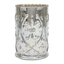 6.5 in. Antique Silver Glass Fluer De Lis Pillar Candle Holder - Candleholders