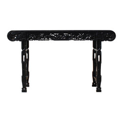 Chinese Dark Brown Black Huali Rosewood Scroll Birds Grape Leaf Altar Table cs31 - Console Tables