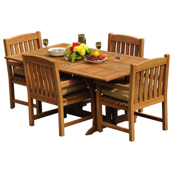 5-Piece Outdoor Patio Teak Dining Set, 69" Warwick Table, 4 Devon Arm Chairs