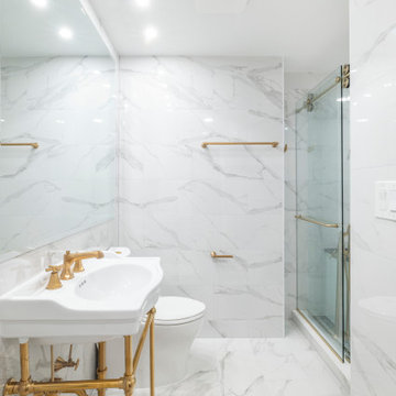 Transitional Primary Bathroom Project With Art Deco Accents