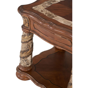 Villa Valencia Wood and Marble End Table, Classic Chestnut
