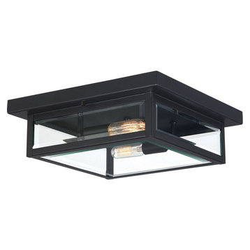 Two Light Outdoor Flush Mount   Earth Black Finish Clear Beveled Glass