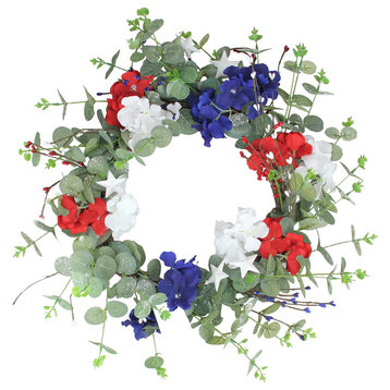 20" Red and Blue Hydrangea Americana Wreath with Foliage Leaves