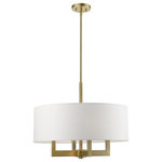 Livex Lighting - Cresthaven 4 Light Antique Brass Pendant Chandelier - The Cresthaven collection has a clean, crisp look and contemporary appeal. The hand-crafted off-white fabric hardback shade offers a diffused warm light.  This antique brass finish four-light pendant chandelier has sleek exposed angular arms making it tasteful to elevate your style.  Will adapt well in the living room, dining room and bedroom.
