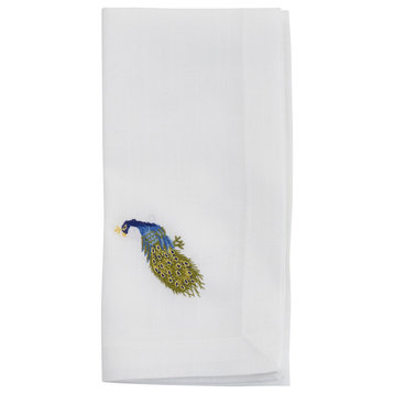 EmbroideredTable Napkins With Peacock Design (Set of 4), White, 20"x20"