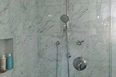 Inspiration for a large timeless master gray tile bathroom remodel in Bridgeport with black cabinets and gray walls