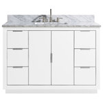 Avanity Corporation - Avanity Austen 49 in. Vanity in White/Silver Trim and Carrara White Marble Top - The Austen 49 in. vanity combo is simple yet stunning. The Austen Collection features a minimalist design that pops with color thanks to the refined White finish with brushed silver trim and hardware. The vanity combo features a solid wood birch frame, plywood drawer boxes, dovetail joints, a toe kick for convenience, soft-close glides and hinges, carrara white marble top and rectangular undermount sink. Complete the look with matching mirror, mirror cabinet, and linen tower. A perfect choice for the modern bathroom, Austen feels at home in multiple design settings.