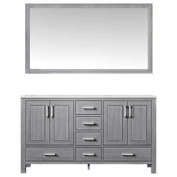 60" Distressed Gray Double Vanity, Quartz Top, Square Sinks, 58" Mirror, Faucets